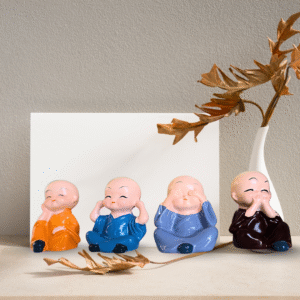 colorful 4 monk set showpiece | hear no evil, see no evil, speak no evil & think no evil statues for home decor