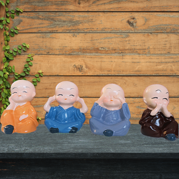 colorful 4 monk set showpiece | hear no evil, see no evil, speak no evil & think no evil statues for home decor