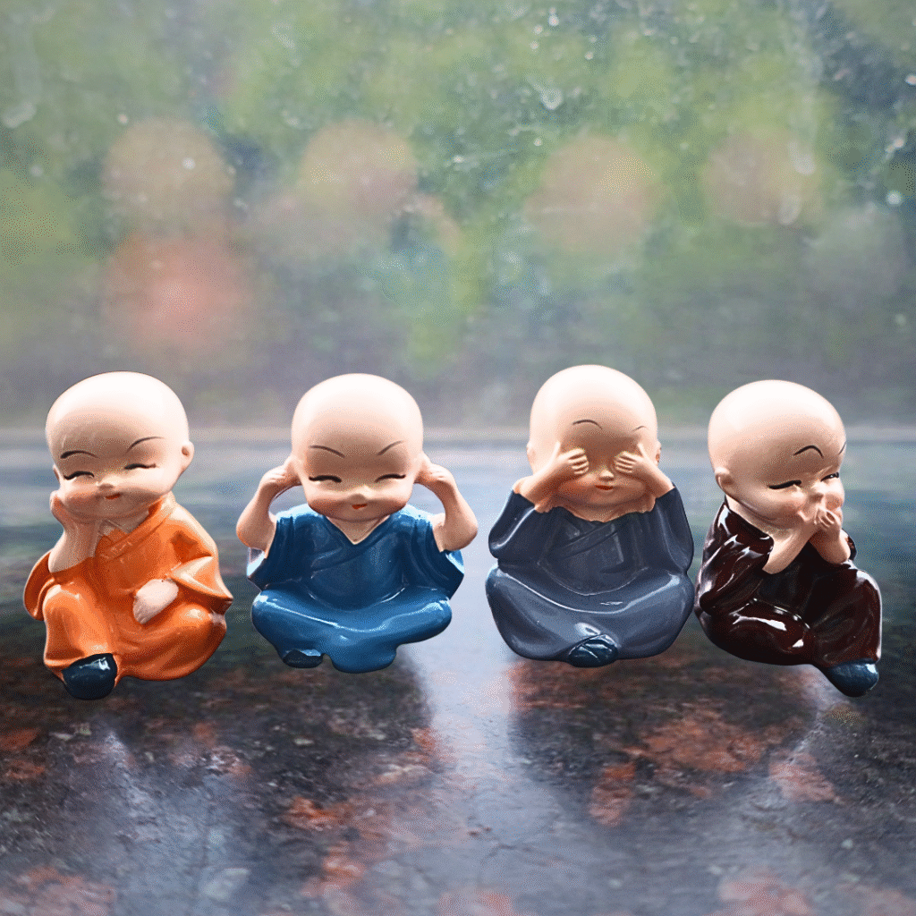 colorful 4 monk set showpiece | hear no evil, see no evil, speak no evil & think no evil statues for home decor
