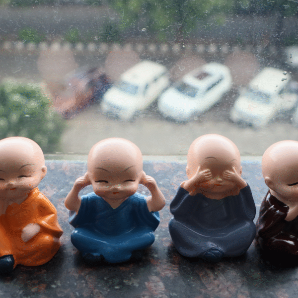 colorful 4 monk set showpiece | hear no evil, see no evil, speak no evil & think no evil statues for home decor