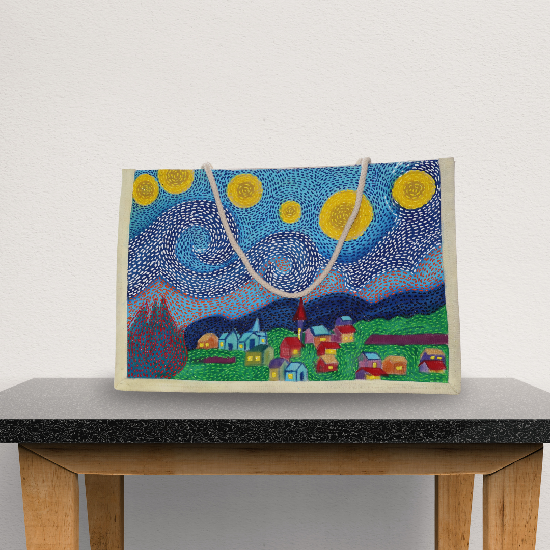 Home handmade starry night gond art bag painting | artistic tote bag