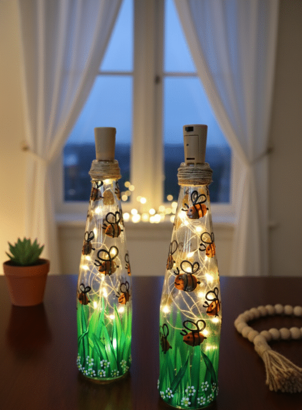 ayari creations hand painted led bottle lamp | bee design home décor light | set of 2 decorative bottle
